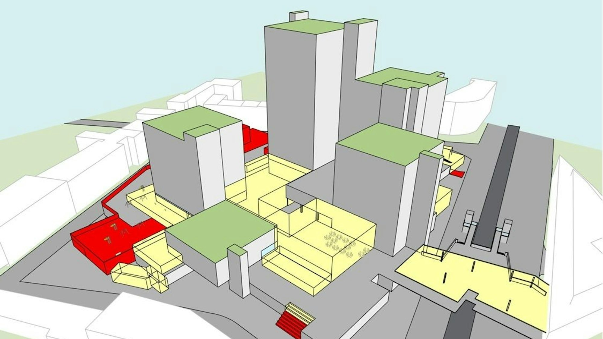 Eine farbliche Darstellung, welche Gebäudebereiche des Stadthauses abgerissen, neu gebaut und erhalten werden könnten.