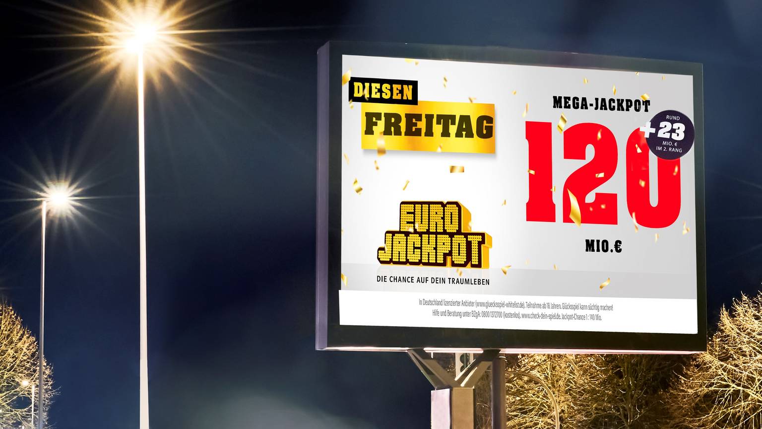 Drei Glückspilze aus NRW sind durch Treffer in der zweiten Gewinnklasse der Lotterie Eurojackpot am Dienstag (19. November) zu Doppel-Millionären geworden. Am kommenden Freitag (22. November) warten weiterhin 120 Millionen Euro im ersten Rang und ein weiterer Jackpot von 23 Millionen Euro im zweiten Rang.