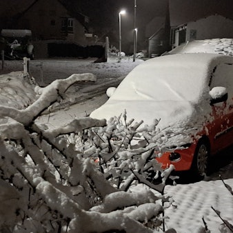 Ein Baum, ein Auto und eine Straße sind von einer Schneedecke überzogen. Es ist Nacht und eine Straßenlaterne leuchtet.