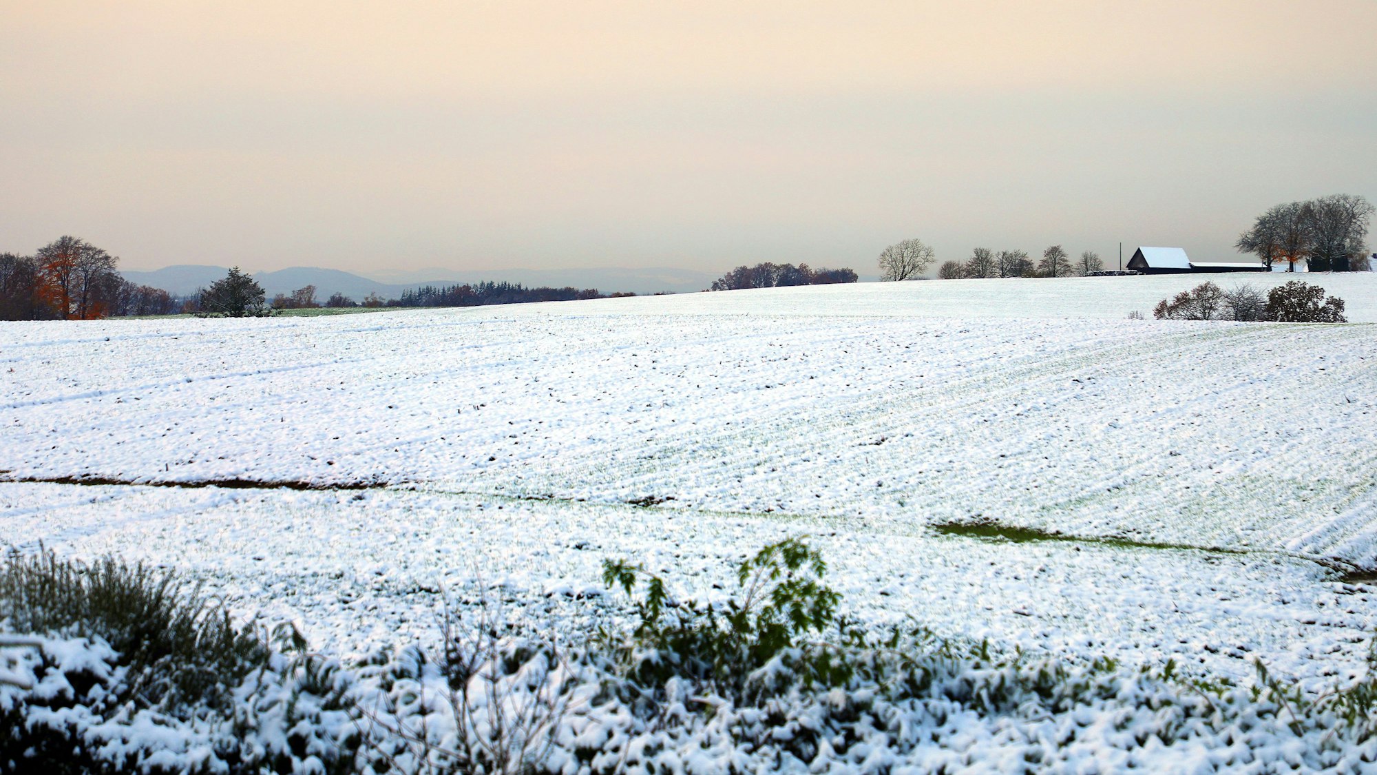 Eine Landschaft ist mit einer dünnen Schneedecke überzogen.