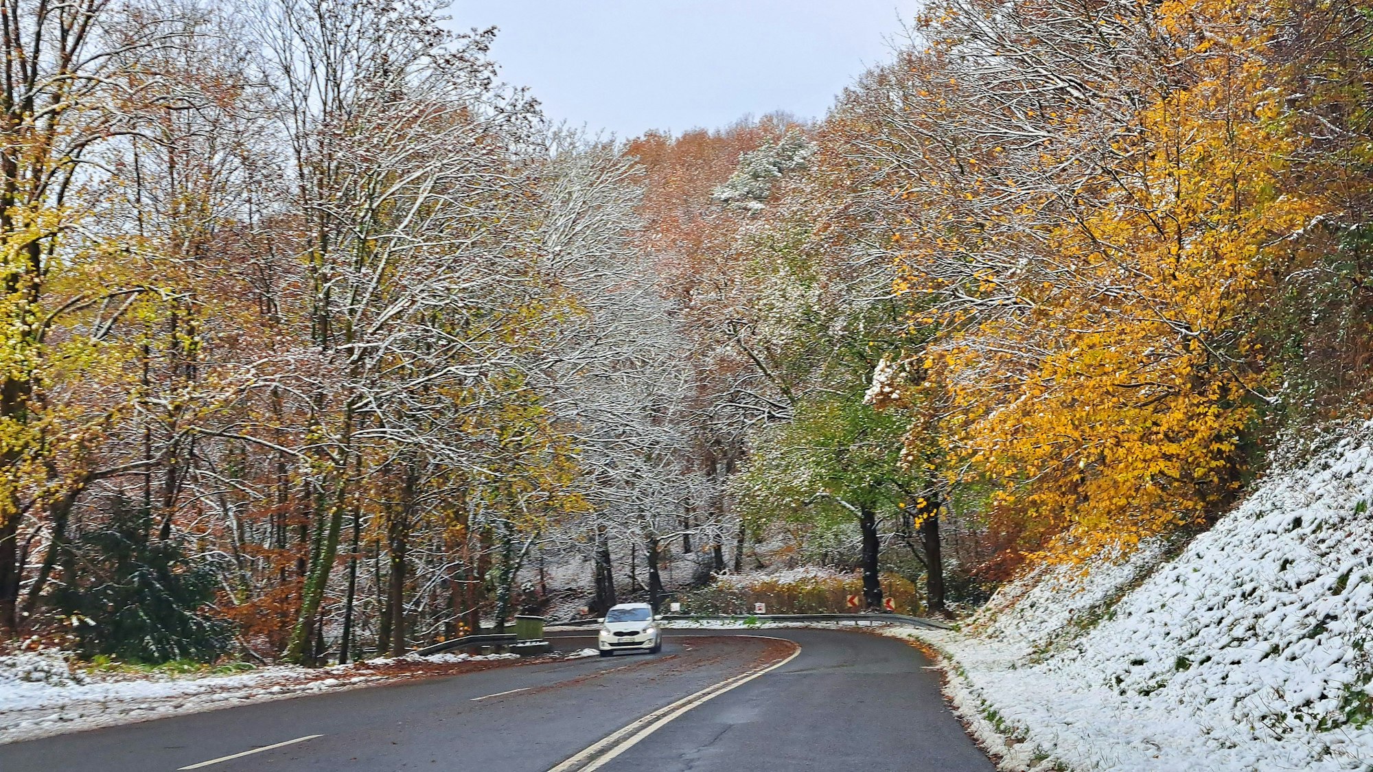 Ein schneebedecktes Auto fährt durch einen Herbstwald mit Schnee.
