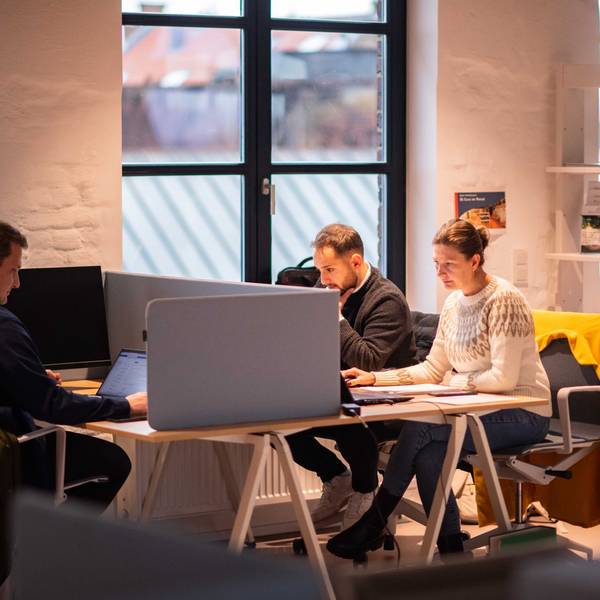 Das Bild zeigt drei Menschen an Schreibtischen. Sie arbeiten ihren Laptops.