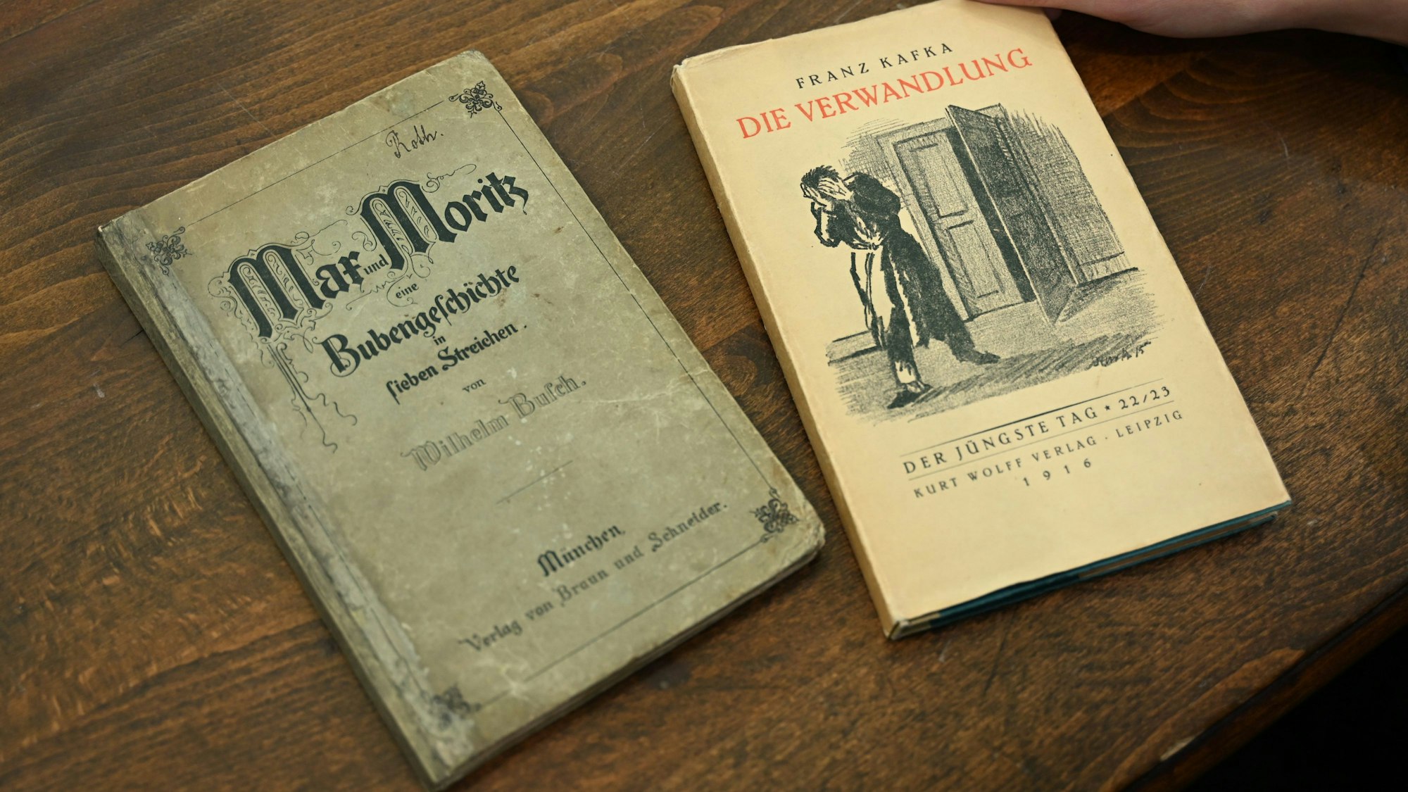 Ein Buch mit der Aufschrift „Max und Moritz - Bubengeschichte mit fiesen Streichen“ liegt auf dem Tisch neben einem Buch mit der Aufschrift „Franz Kafka - Die Verwandlung“.