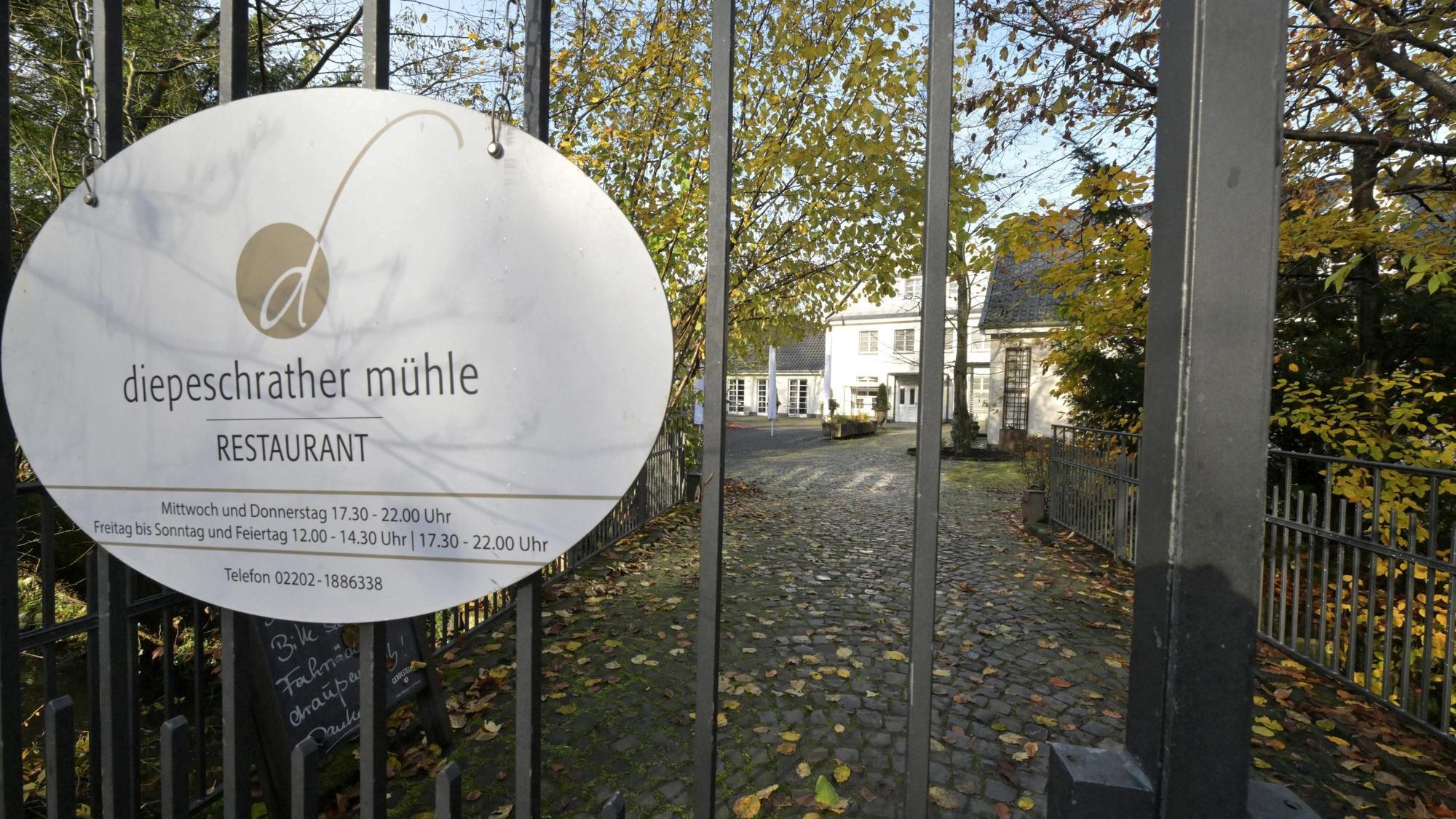 Blick auf die Diepeschrather Mühle durch das Gitter eines Tores.