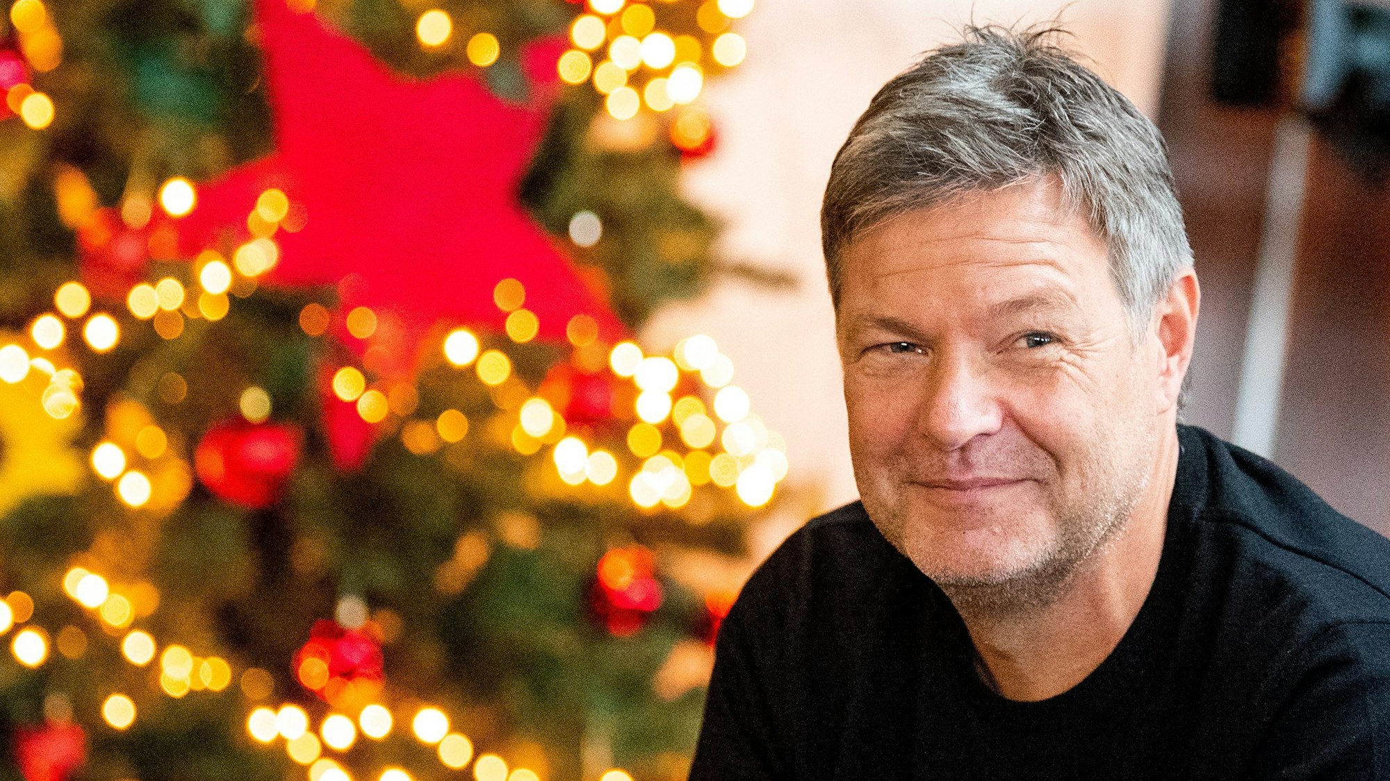 Robert Habeck, hier bei einer Versammlung seines Wahlkreises Flensburg-Schleswig vor einem weihnachtlich geschmückten Baum, will erneut für seinen Wahlkreis als Bundestagsabgeordneter kandidieren.