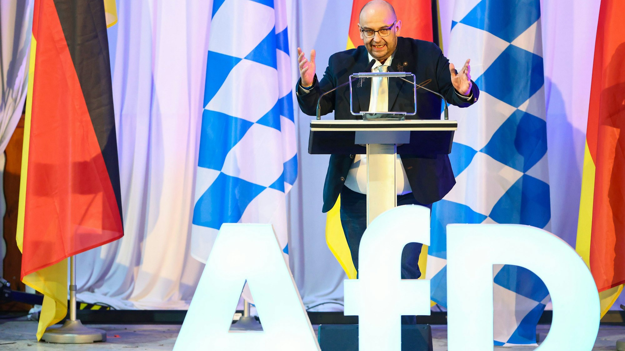 23.11.2024, Bayern, Greding: Stephan Protschka, Bundestagsabgeordneter sowie Landesvorsitzender der AfD Bayern, spricht auf dem Landesparteitag der AfD Bayern. Foto: Daniel Löb/dpa +++ dpa-Bildfunk +++