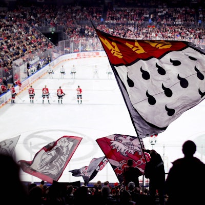 Fans der Kölner Haie feuern auf der Tribüne ihre Mannschaft an. Rund 800 Fans aus Düsseldorf sind für das Derby nach Köln gekommen.