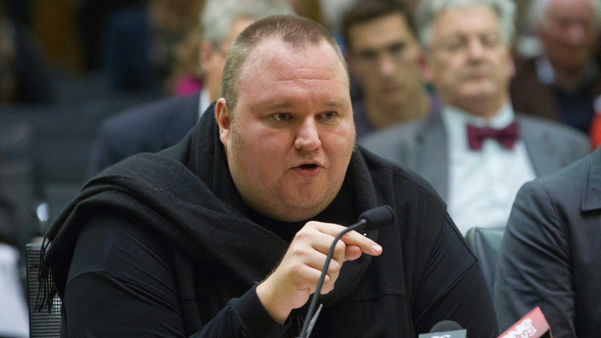 FILE - Internet entrepreneur Kim Dotcom speaks during the Intelligence and Security select committee hearing at Parliament in Wellington, New Zealand, on July 3, 2013. (Mark Mitchell/New Zealand Herald via AP, File)