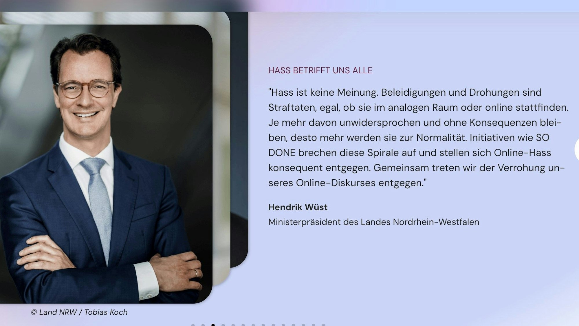 Screenshot der So Done-Website mit Wüst-Zitat: Ein Porträt des Ministerpräsidenten ist neben dem Zitat zu sehen.