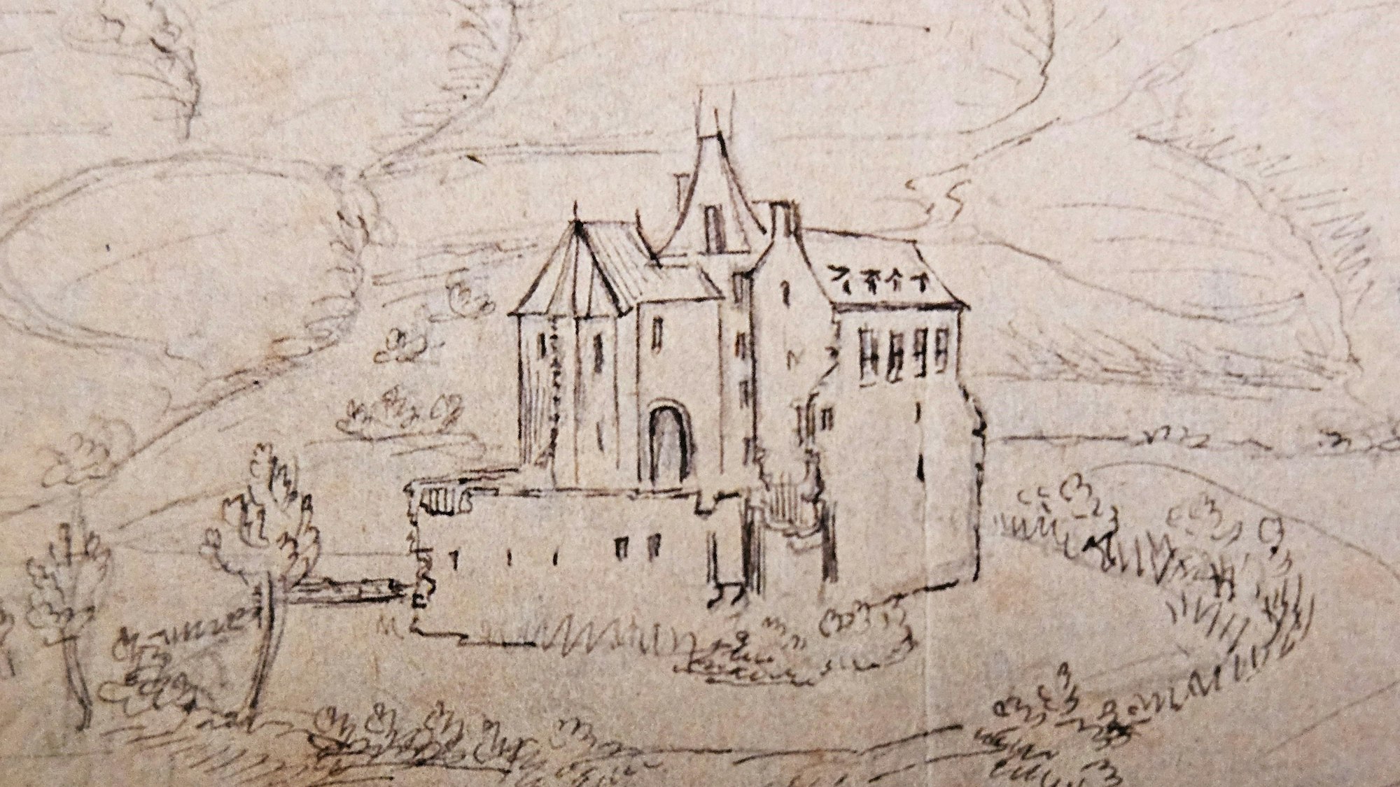 Die Skizze zeigt die Burg Mauel bei Gemünd.