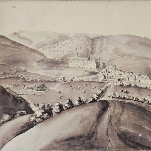 Die Zeichnung zeigt Schleiden mit dem Schloss und einer kleinen Lustinsel.
