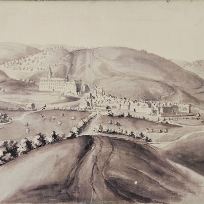 Die Zeichnung zeigt Schleiden mit dem Schloss und einer kleinen Lustinsel.