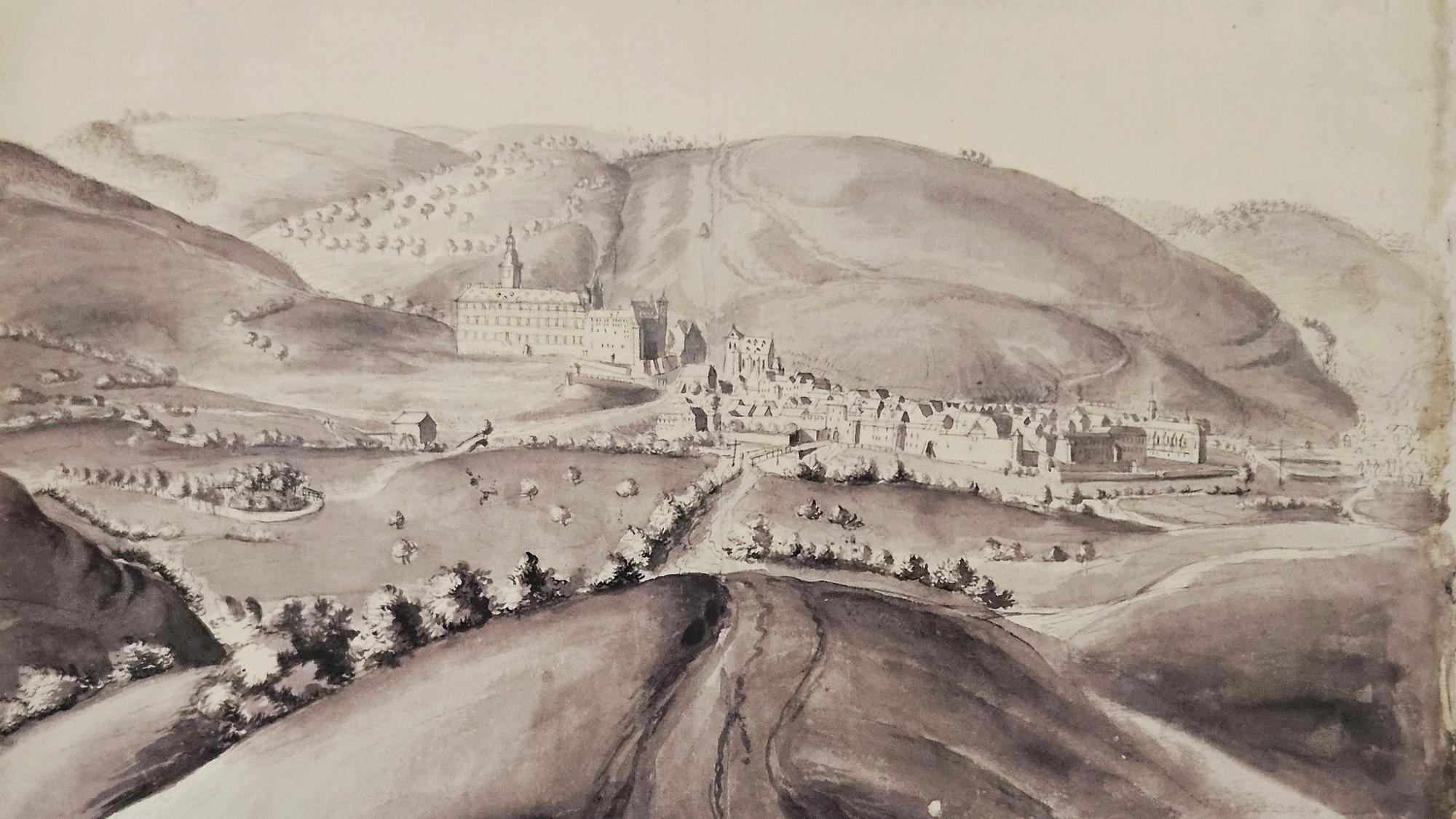 Die Zeichnung zeigt Schleiden mit dem Schloss und einer kleinen Lustinsel.
