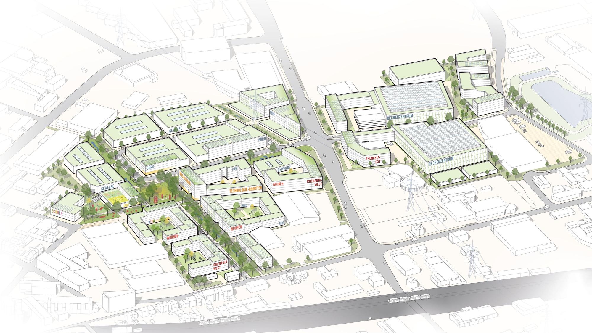 Auf dem Bild ist eine Entwurfszeichnung des neuen Stadtquartiers Rhenania zu sehen.