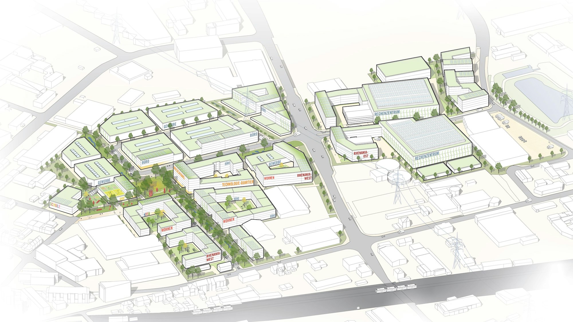 Auf dem Bild ist eine Entwurfszeichnung des neuen Stadtquartiers Rhenania zu sehen.