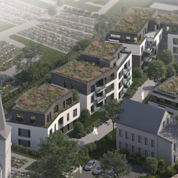 Ein Architekturmodell zeigt sechs Mehrfamilienhäuser