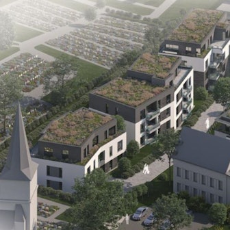 Ein Architekturmodell zeigt sechs Mehrfamilienhäuser