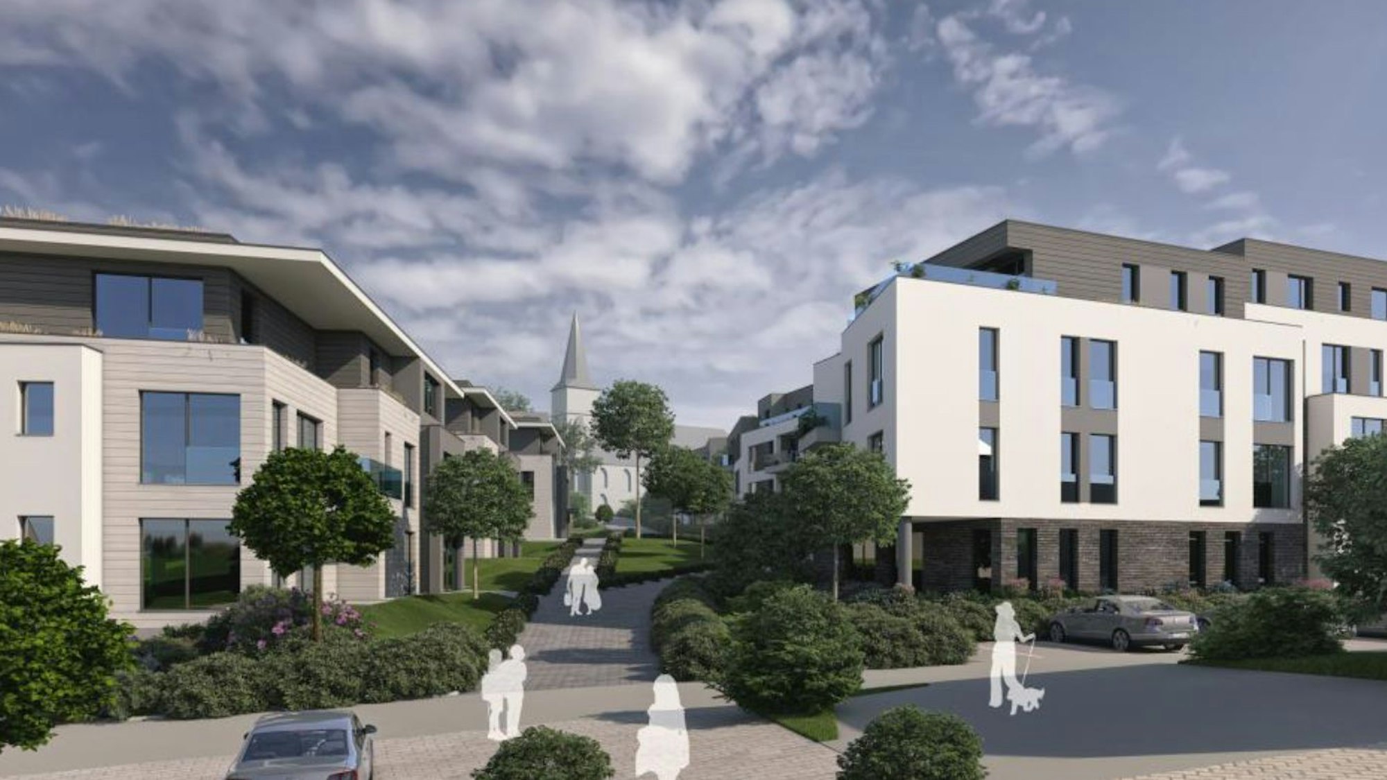 Die Visualisierung des Architekten zeigt zwei Häuserreihen mit einem Weg und Grünanlagen in der Mitte.