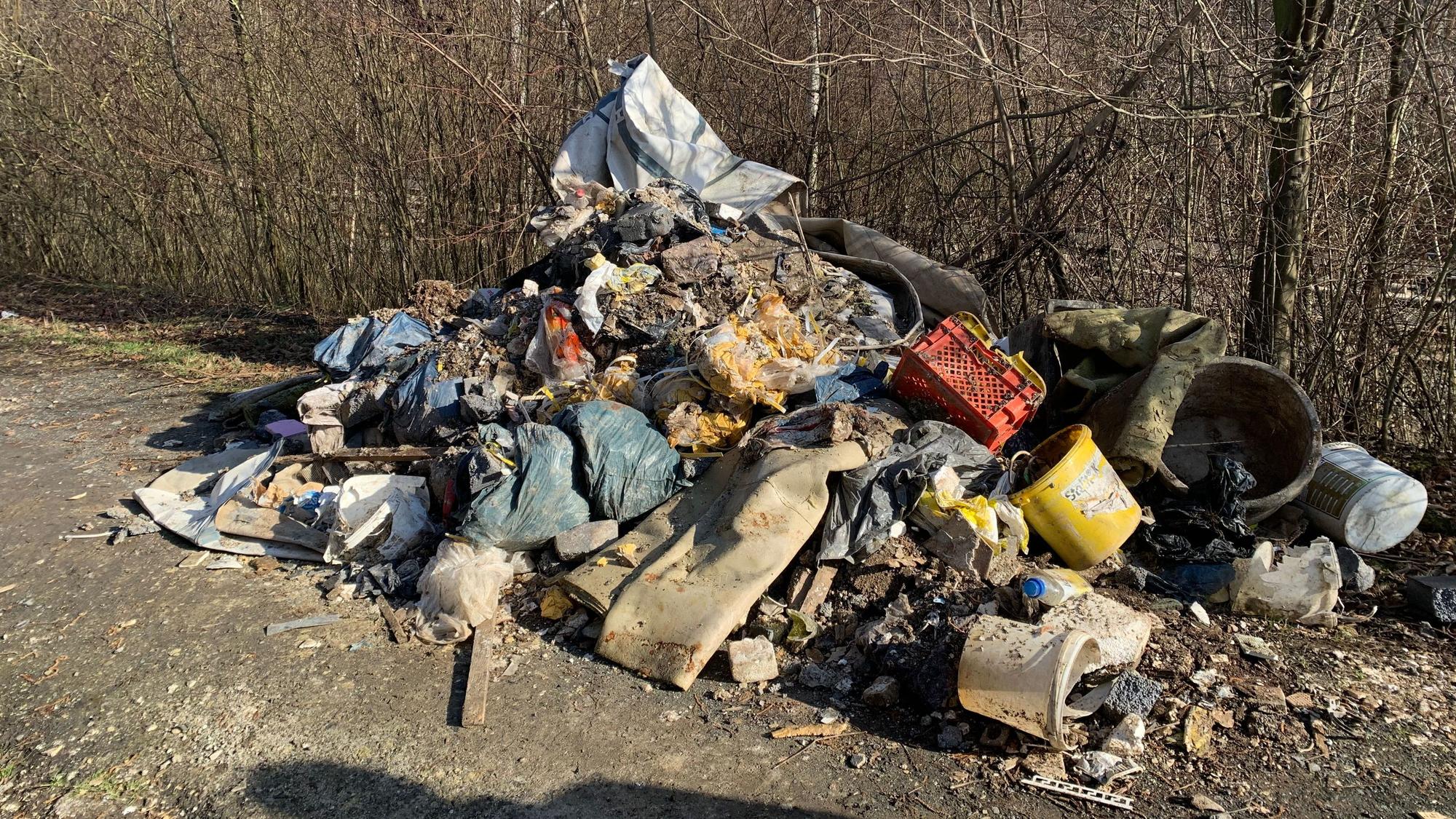 Ein Müllhaufen liegt vor einer Hecke am Straßenrand.