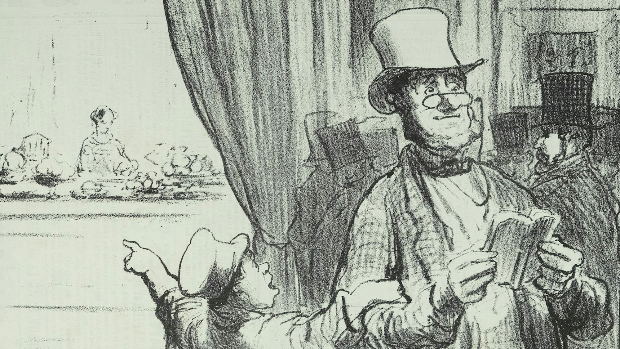 Ein Junge zeigt seinem Vater im Museum den Süßigkeitenstand.