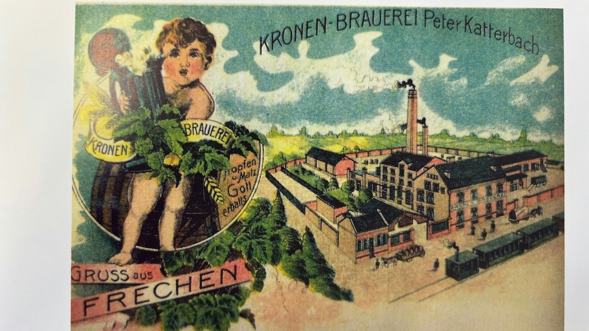 Auf dem Bild ist eine alte Postkarte zu sehen, die eine Brauerei in Frechen abbildet.
