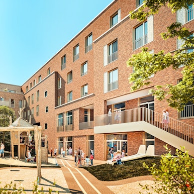 Eine Visualisierung zeigt mehrgeschossige Wohnblocks, im Vordergrund ist ein Spielplatz.