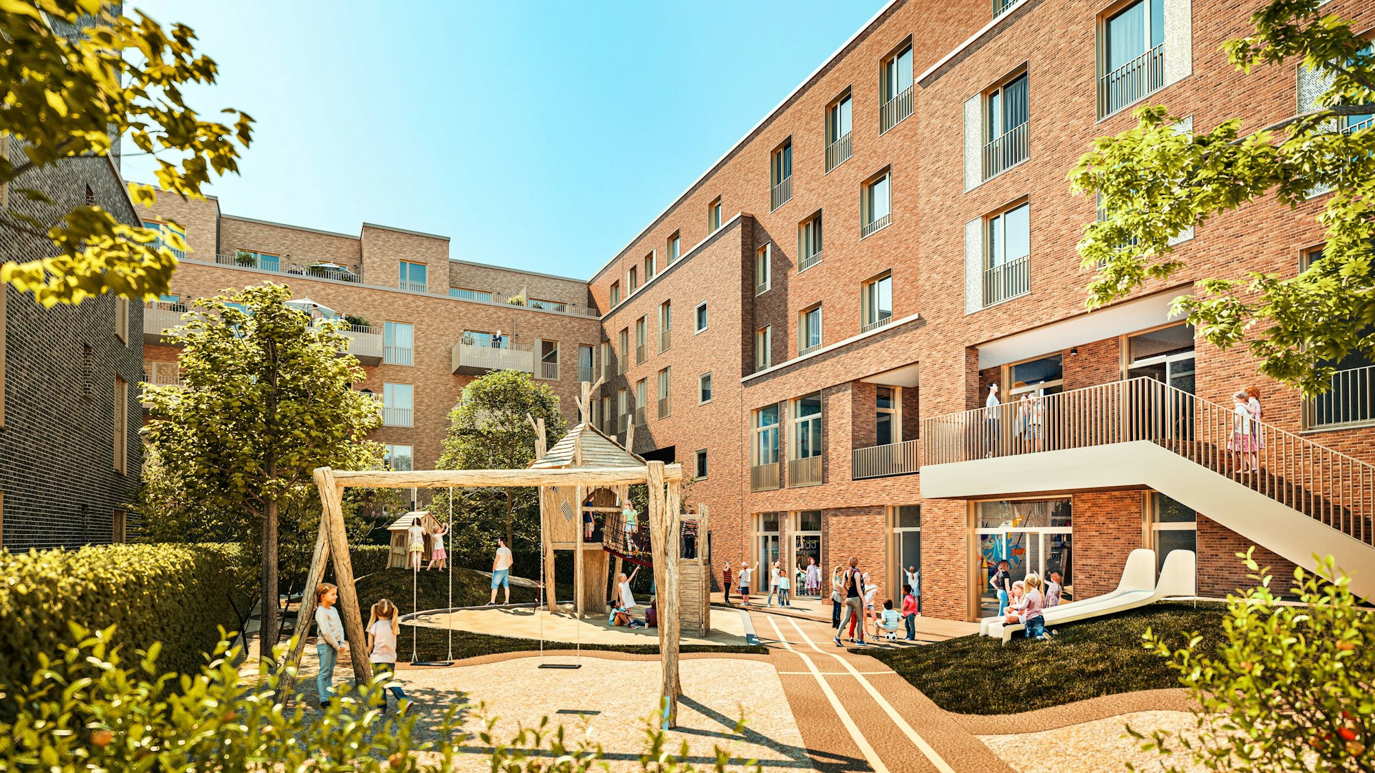 Eine Visualisierung zeigt mehrgeschossige Wohnblocks, im Vordergrund ist ein Spielplatz.