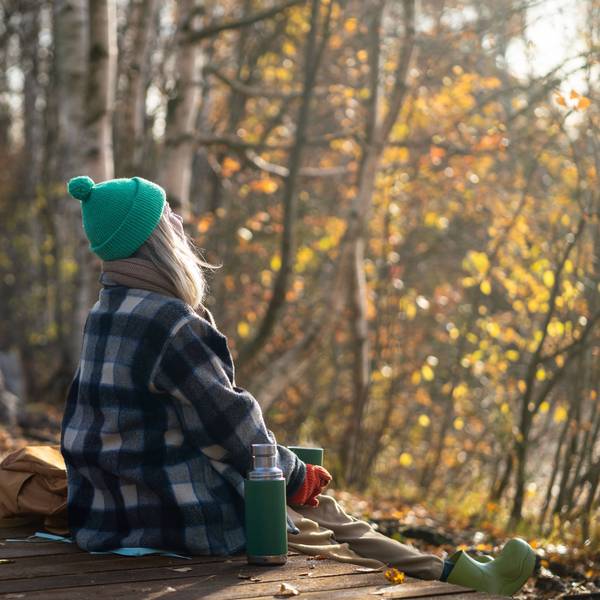 Serene woman backpacker meditating on eco trail, watching natural landscape in sunny fall woods Rearview of serene woman backpacker meditating on eco trail, watching natural landscape in sunny fall woodland. Calm female enjoy autumn air, basking in sun, drinking hot thermos tea in park ,model released, Symbolfoto Copyright: xZoonar.com/DmitriixMarchenkox 22150530 ,model released, Symbolfoto ,property released