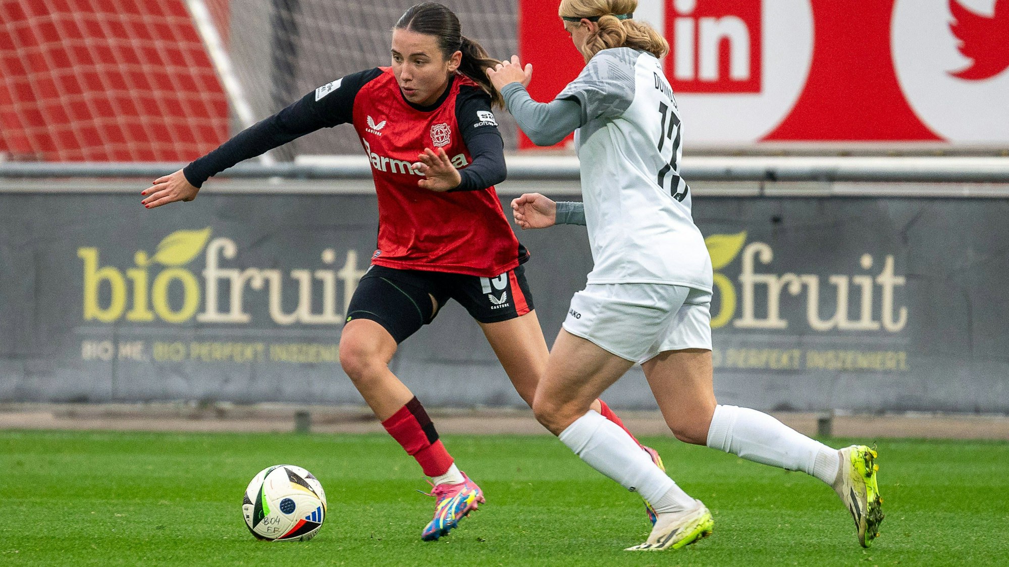 10.11.2024, Fussball: Google Pixel Frauen-Bundesliga, Saison 2024/2025, 09. Spieltag, Bayer 04 Leverkusen - 1. FFC Turbine Potsdam im Ulrich-Haberland-Stadion in Leverkusen. Zweikampf zwischen Loreen Bender Bayer 04 Leverkusen, 19 und Marike Dommasch 1. FFC Turbine Potsdam, 13. Wichtiger Hinweis: Gemaess den Vorgaben der DFL Deutsche Fussball Liga bzw. des DFB Deutscher Fussball-Bund ist es untersagt, in dem Stadion und/oder vom Spiel angefertigte Fotoaufnahmen in Form von Sequenzbildern und/oder videoaehnlichen Fotostrecken zu verwerten bzw. verwerten zu lassen. Foto: Kirchner-Media/TH *** 10 11 2024, Soccer Google Pixel Womens Bundesliga, Season 2024 2025, Matchday 09, Bayer 04 Leverkusen 1 FFC Turbine Potsdam at Ulrich Haberland Stadium in Leverkusen duel between Loreen Bender Bayer 04 Leverkusen, 19 and Marike Dommasch 1 FFC Turbine Potsdam, 13 Important note In accordance with the regulations of the DFL German Football League and the DFB German Football Association, it is prohibited to utilize or have utilized photographs taken in the stadium and / or of the match in the form of sequential images and / or video-like photo series Foto Kirchner Media TH Copyright: xKirchner-Media/THx