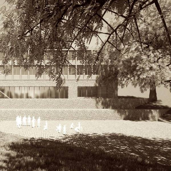 Eine Visualisierung der neuen Grundschule in Schwarz-Weiß zeigt rechts das Schulgebäude und links die Sporthalle der Schule.
