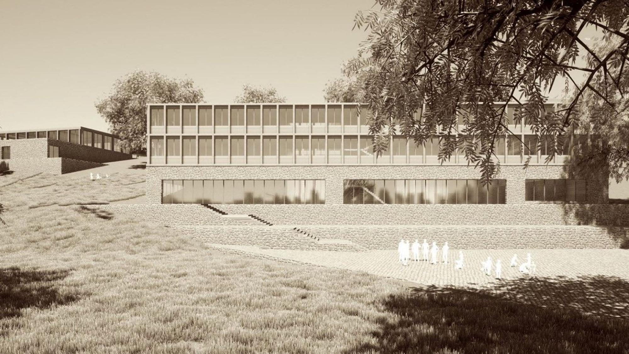Eine Visualisierung der neuen Grundschule in Schwarz-Weiß zeigt rechts das Schulgebäude und links die Sporthalle der Schule.