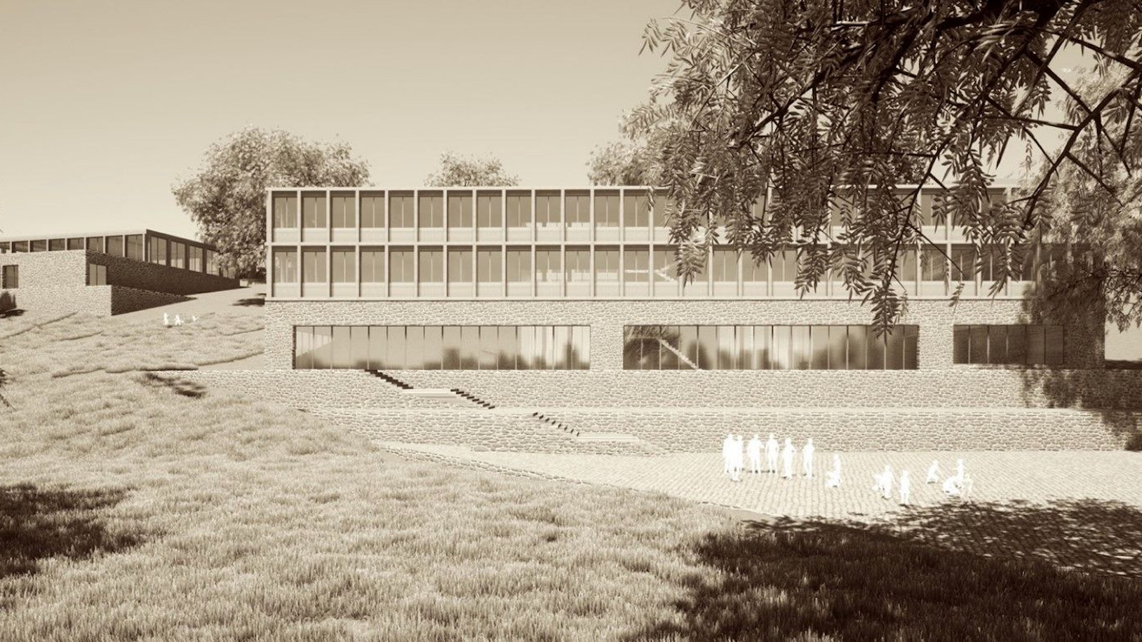 Eine Visualisierung der neuen Grundschule in Schwarz-Weiß zeigt rechts das Schulgebäude und links die Sporthalle der Schule.