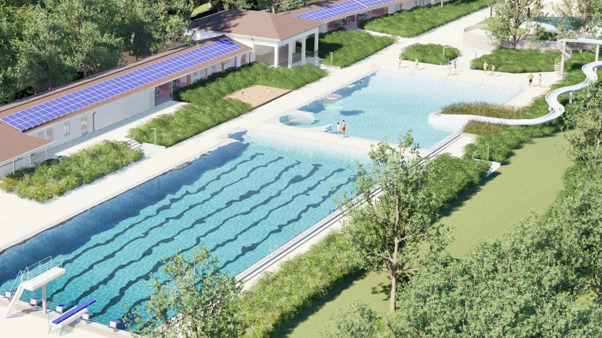 Eine Visualisierung, die das modernisierte und sanierte Freibad zeigt.