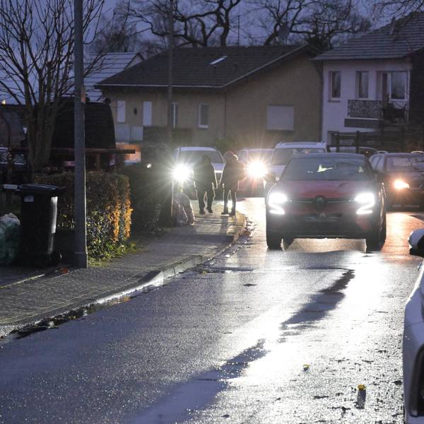 Auf der schmalen Straße parken Autos und verengen die Fahrbahn.