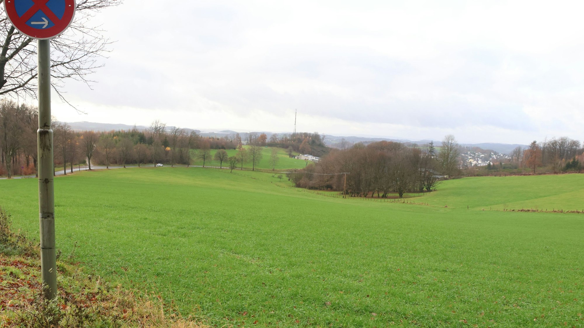 Das Bild zeigt einen Blick auf Eckenhagen. In der Mitte steht ein Wäldchen, rechts davon hätte Wohnbebauung zumindest langfristig ermöglicht werden sollen.