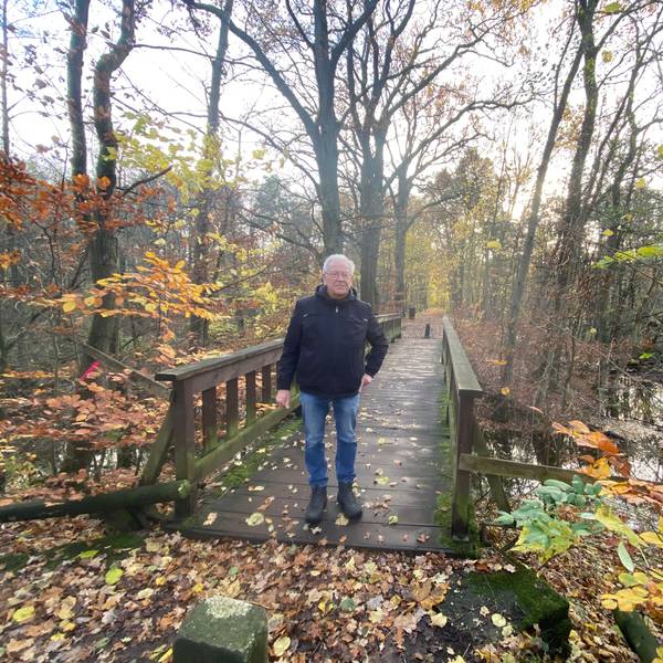 Ein Mann steht auf einer Holzbrücke in einem Wald