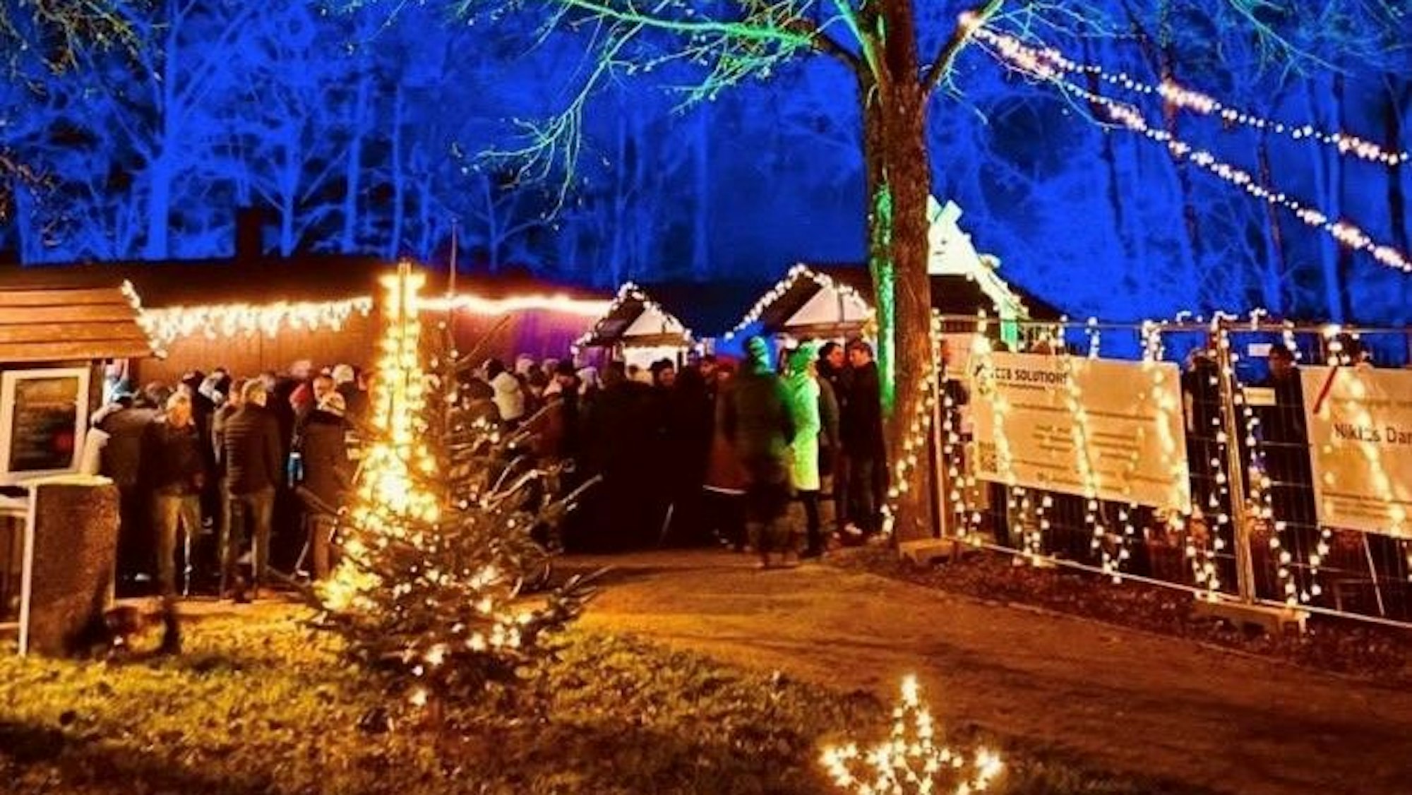 Die Grillhütten am Freilinger See sind weihnachtlich geschmückt. Bäume werden in einem grünlichen Blau angeleuchtet.