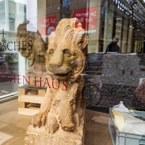 Blick ins Schaufenster des Römisch-Germanische Museums mit Steinlöwen
