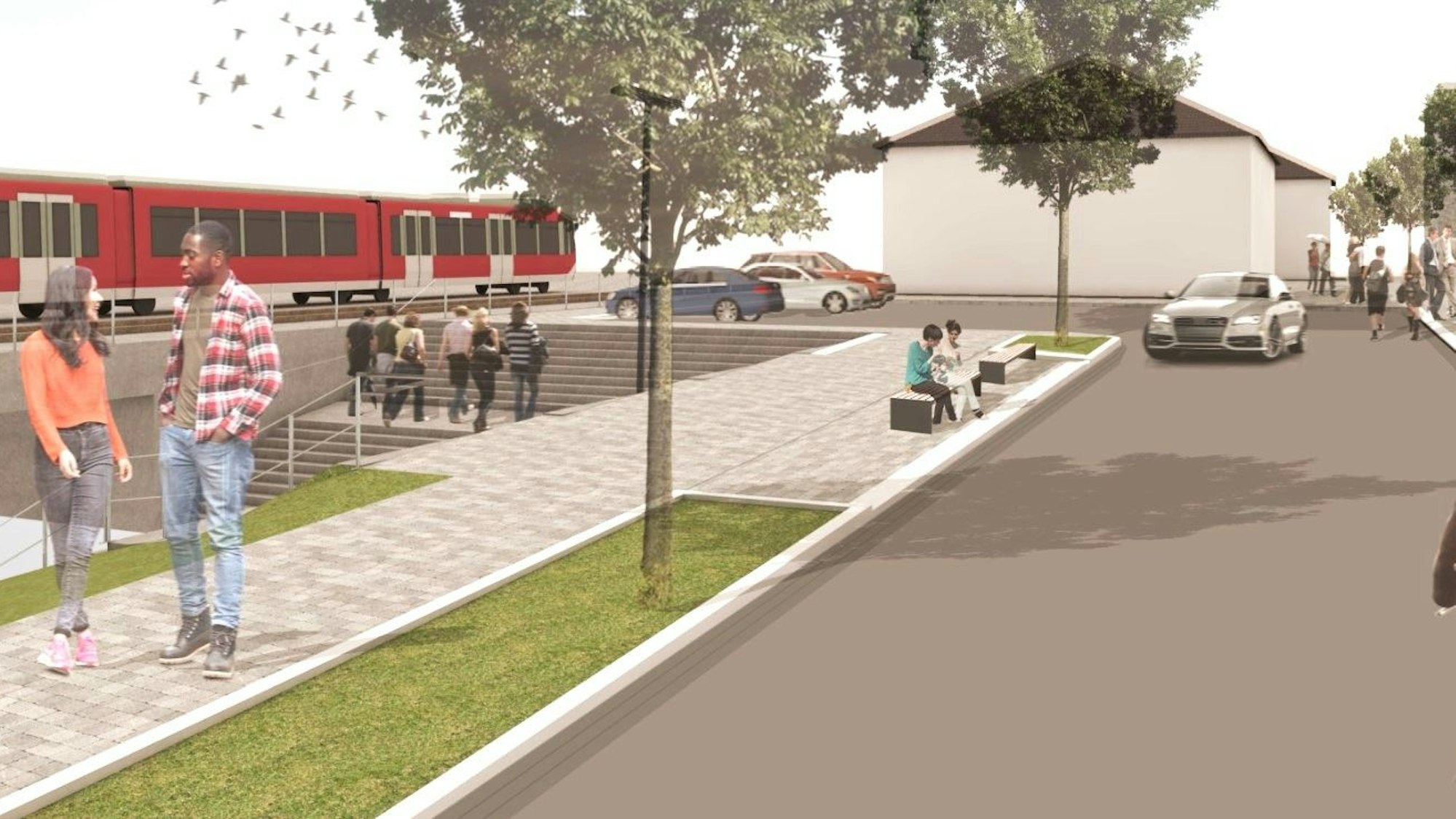 Das Bild zeigt eine Visualisierung des umgestalteten Bereichs mit einer Treppenanlage.