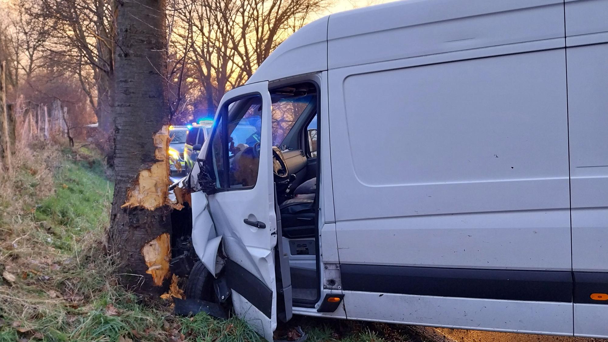 Beim Zusammenstoß mit einem Baum wurde der Fahrer dieses Kleintransporters leicht verletzt.