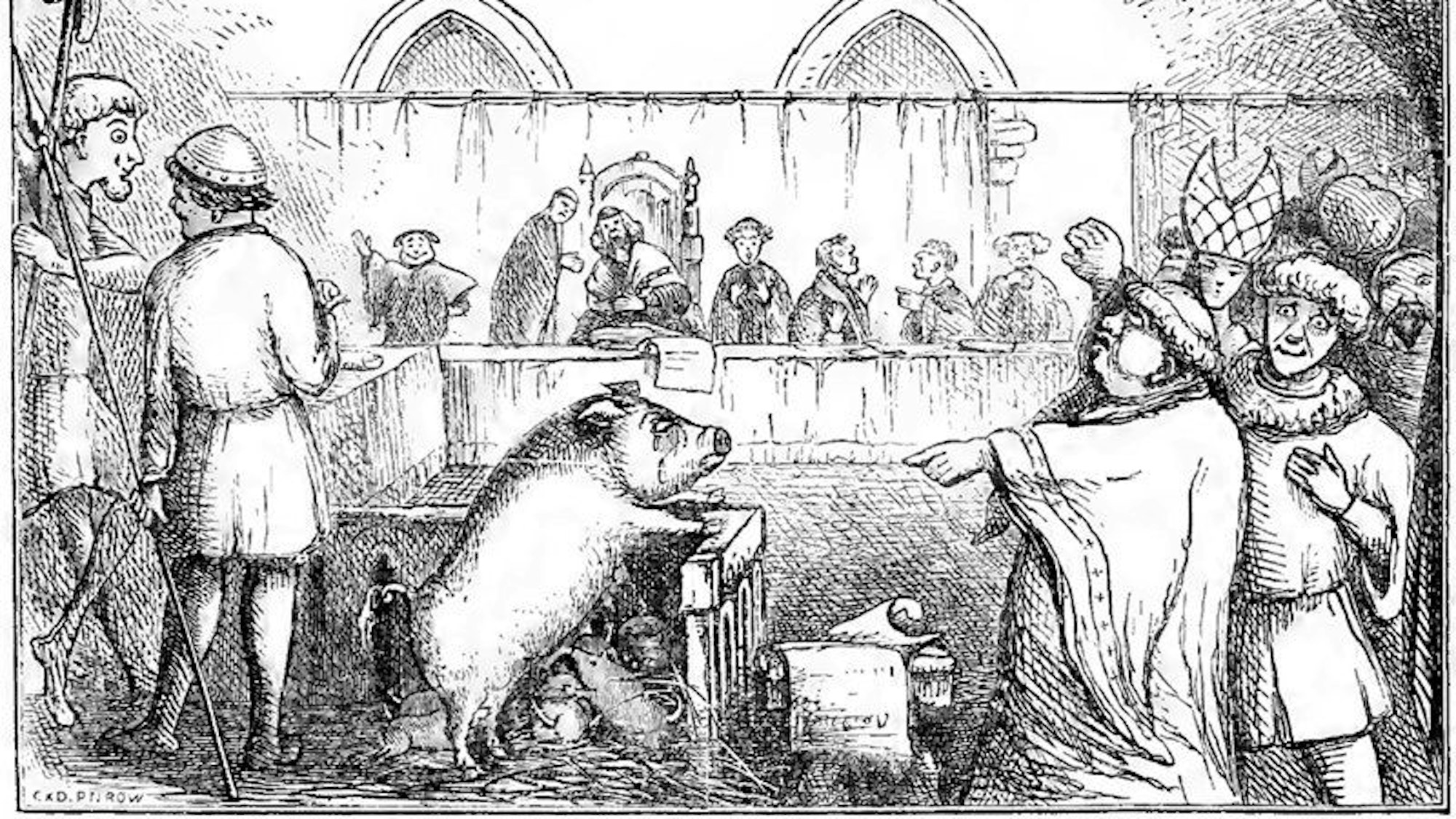 Eine Sau lehnt sich mit den Pfoten oben auf einen kleinen Vorsprung, darunter sind kleine Ferkel. Ein Mann zeigt auf das Schwein. Weitere Menschen im Hintergrund.