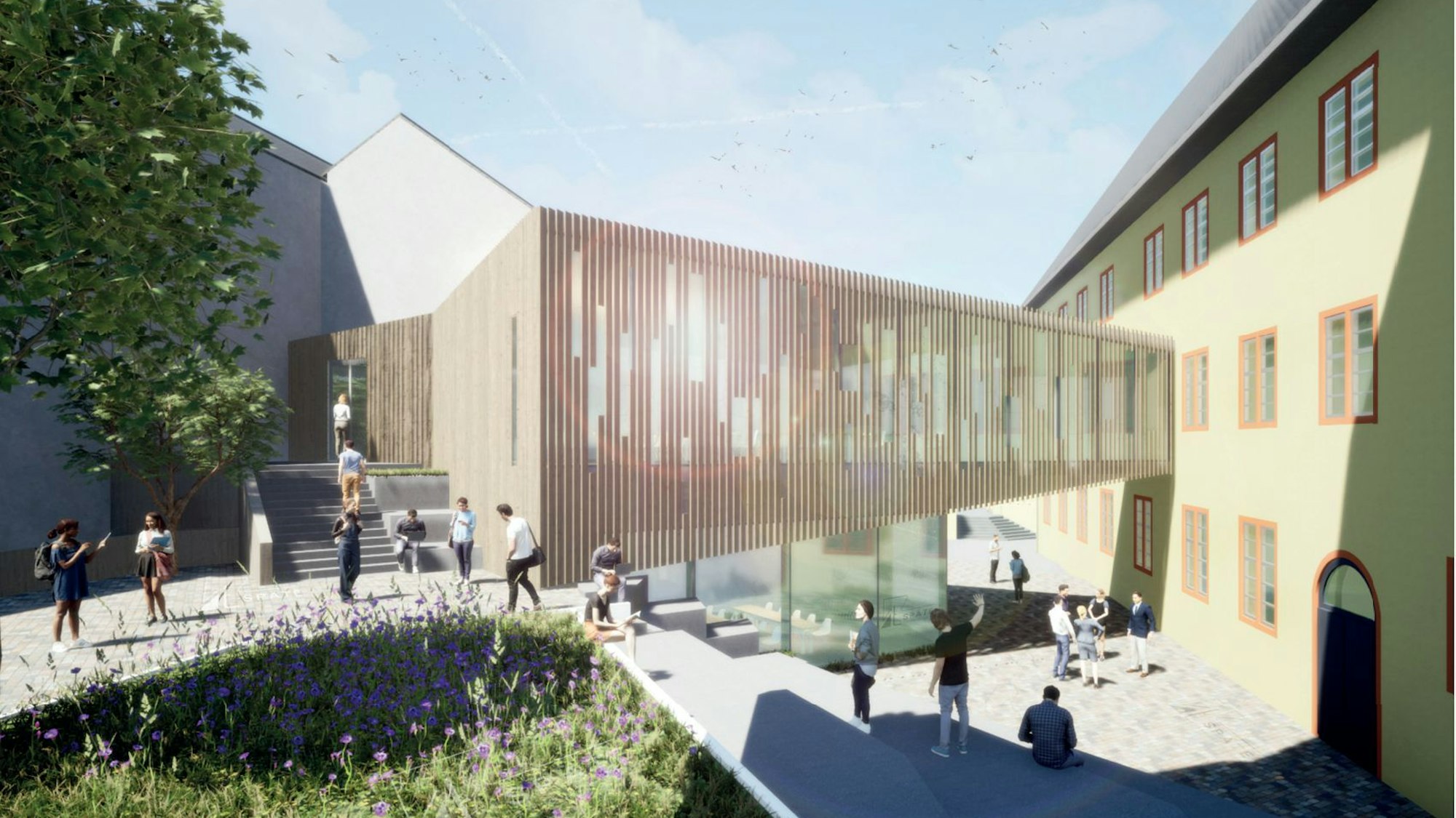 Die Visualisierung der Architekten zeigt die Brücke eingezeichnet in eine Darstellung des St.-Michael-Gymnasiums.