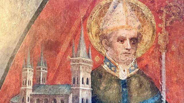 Eine Wandmalerei in der Kirche St. Severin zeigt Kölns Schutzheiligen und die nach ihm benannte romanische Kirche im Süden der Innenstadt.