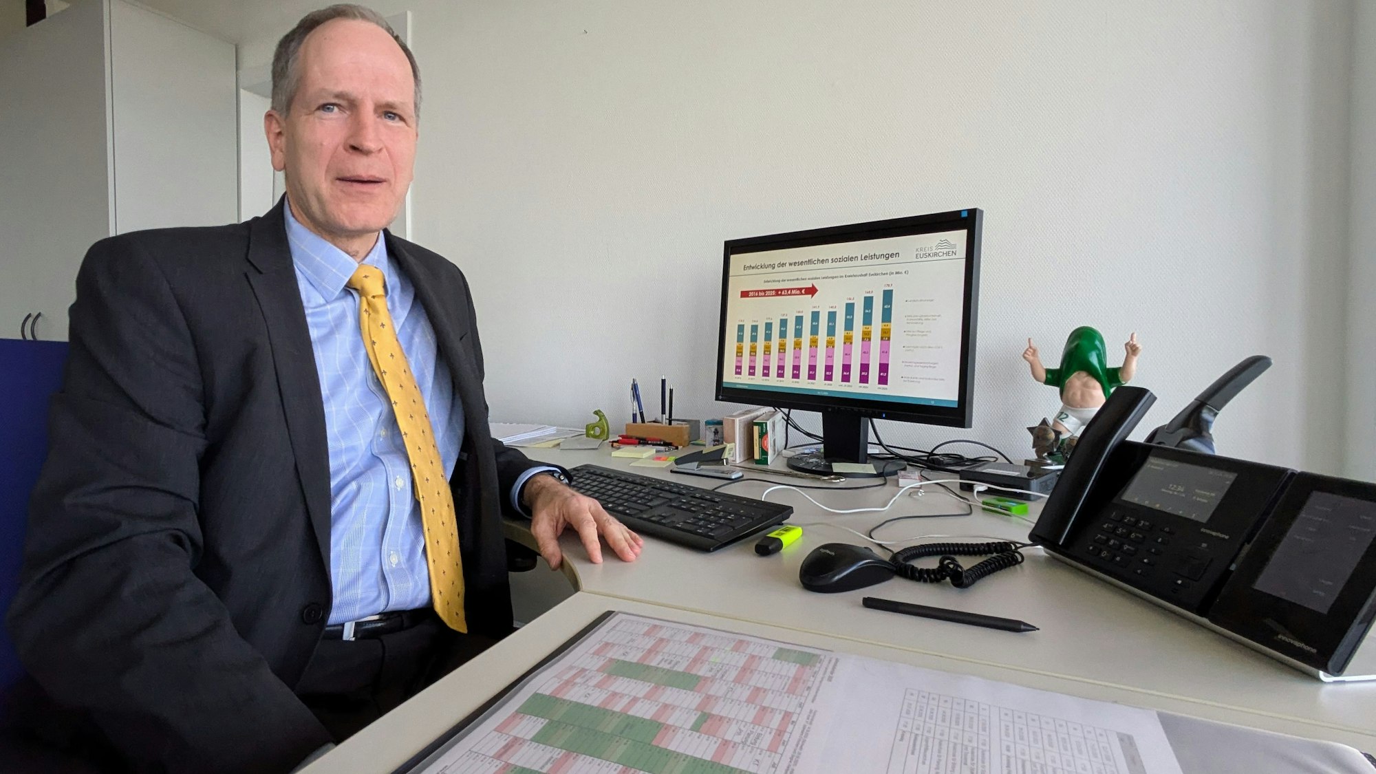 Ingo Hessenius sitzt an seinem Schreibtisch in der Kreisverwaltung. Im Hintergrund auf einem Bildschirm ist ein Säulendiagramm zu sehen, das den Anstieg der Sozialausgaben für den Kreis verdeutlicht.