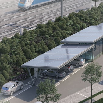 Eine Computeranimation zeigt überdachte Ladesäulen für Elektroautos