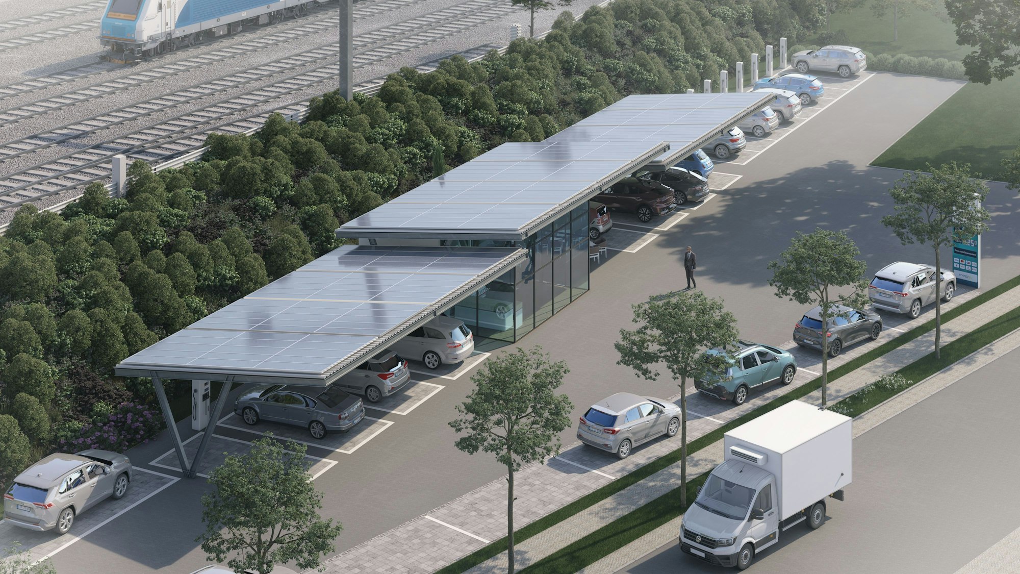 Eine Computeranimation zeigt überdachte Ladesäulen für Elektroautos