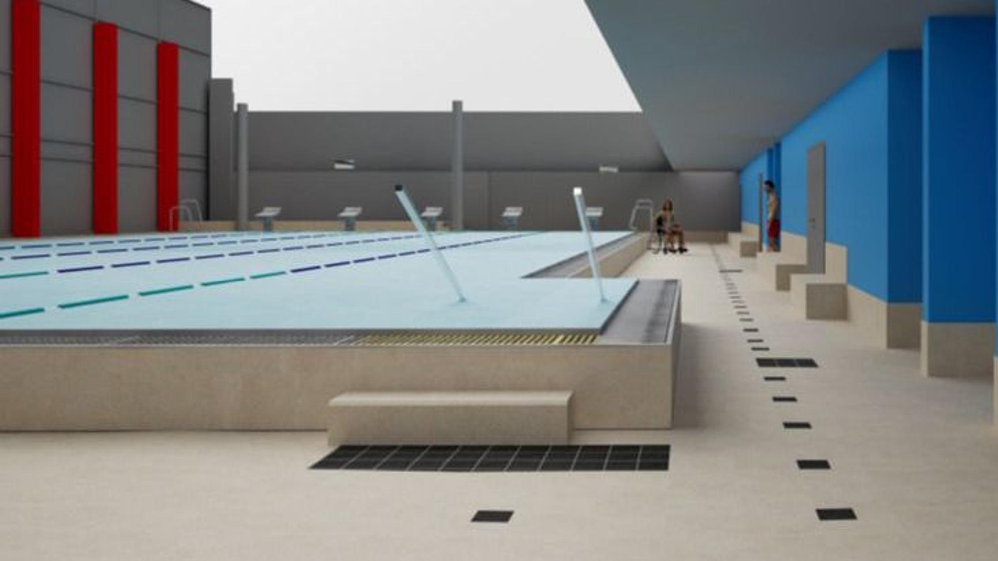 Computeranimation eines Schwimmerbeckens in einem Hallenbad.