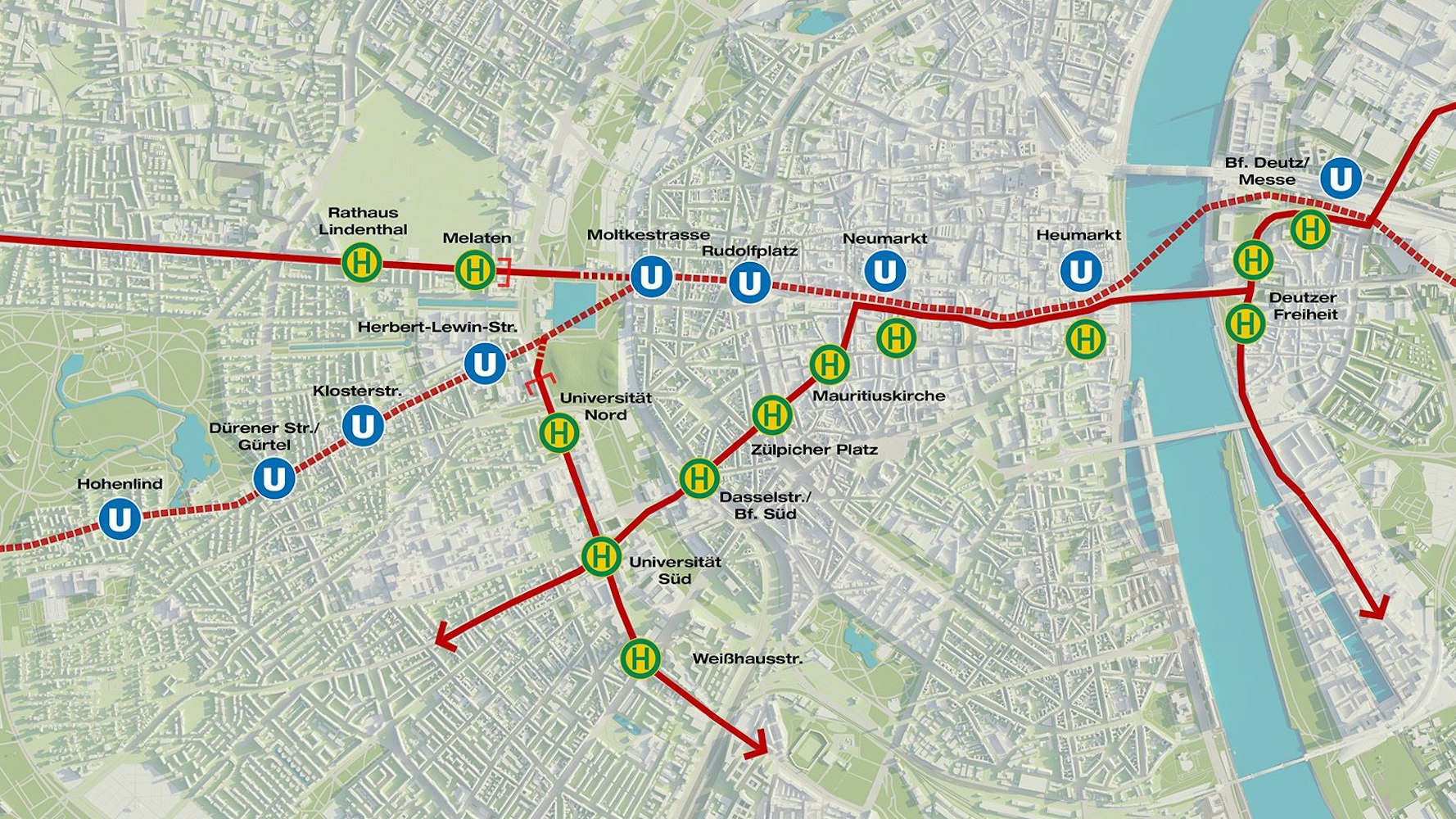 Visualisierung des geplanten unterirdischen (gestrichelt) und oberirdischen (durchgezogen) Ausbaus der Ost-West-Achse nach dem Plan von CDU, FDP und SPD, veröffentlicht am 6.12.2024