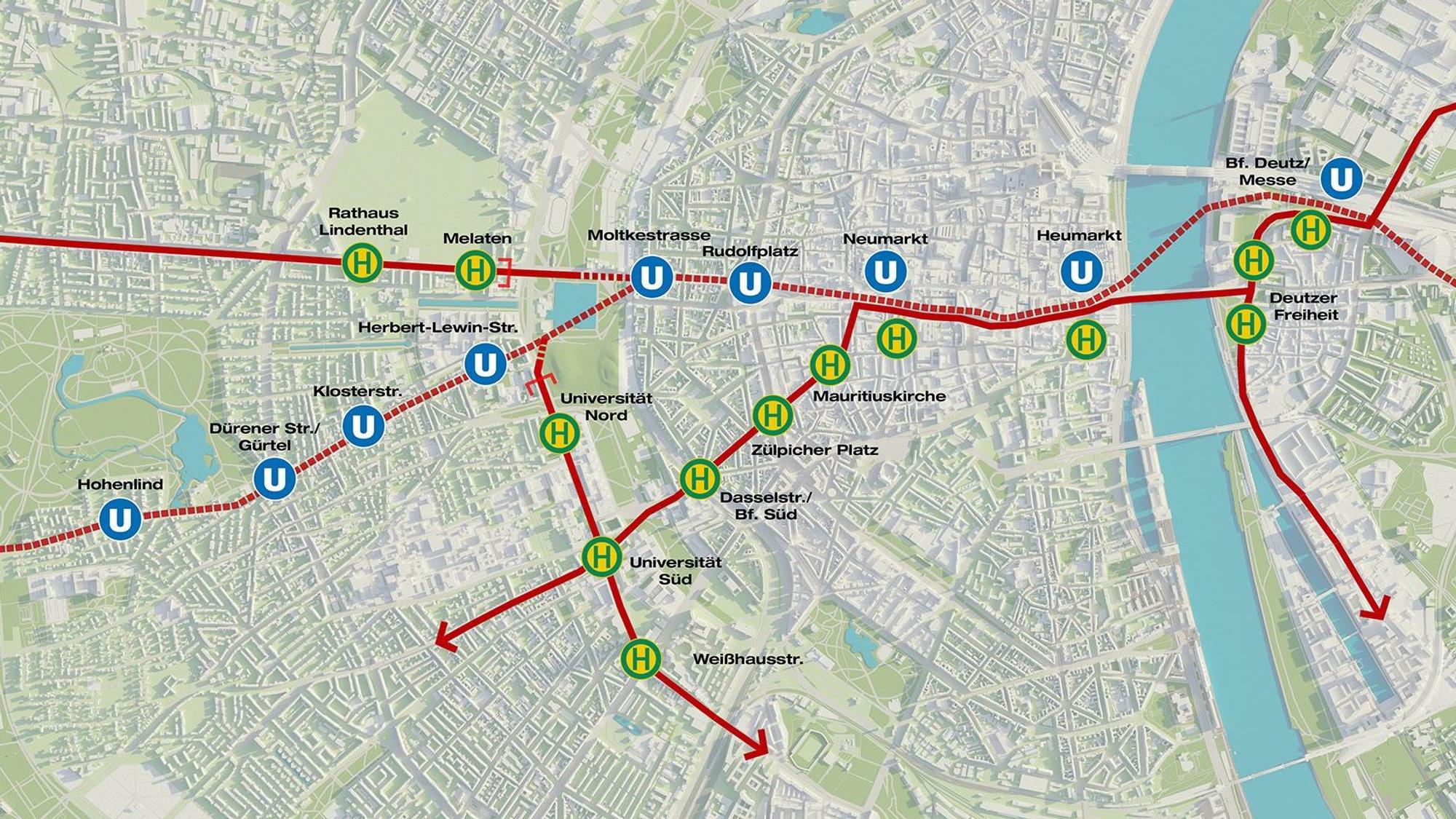 Visualisierung des geplanten unterirdischen (gestrichelt) und oberirdischen (durchgezogen) Ausbaus der Ost-West-Achse nach dem Plan von CDU, FDP und SPD, veröffentlicht am 6.12.2024