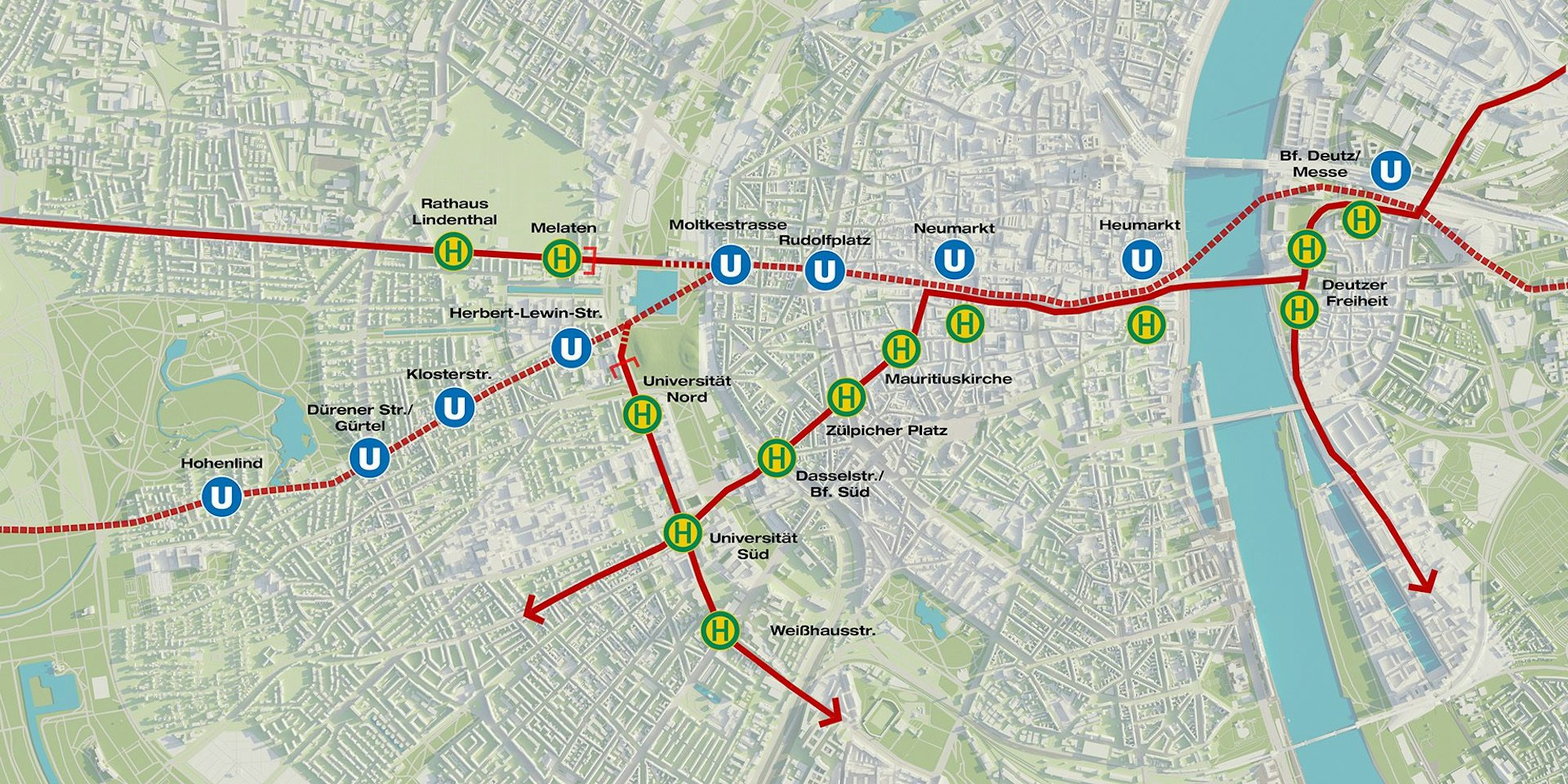 Visualisierung des geplanten unterirdischen (gestrichelt) und oberirdischen (durchgezogen) Ausbaus der Ost-West-Achse nach dem Plan von CDU, FDP und SPD, veröffentlicht am 6.12.2024